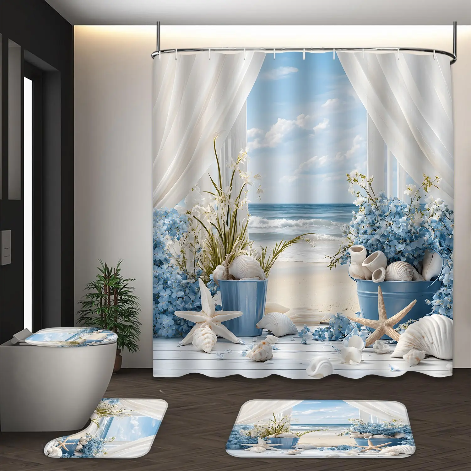 LVRLVR 4Pcs Window View Beach Seashell Blue Hydrangea Coastal Print Fresh Ocean Tone Pretty Decorative Shower Curtain Set 70.8×70.8 Inch Bath Curtains Shower Summer Shower Curtains For Bathroom