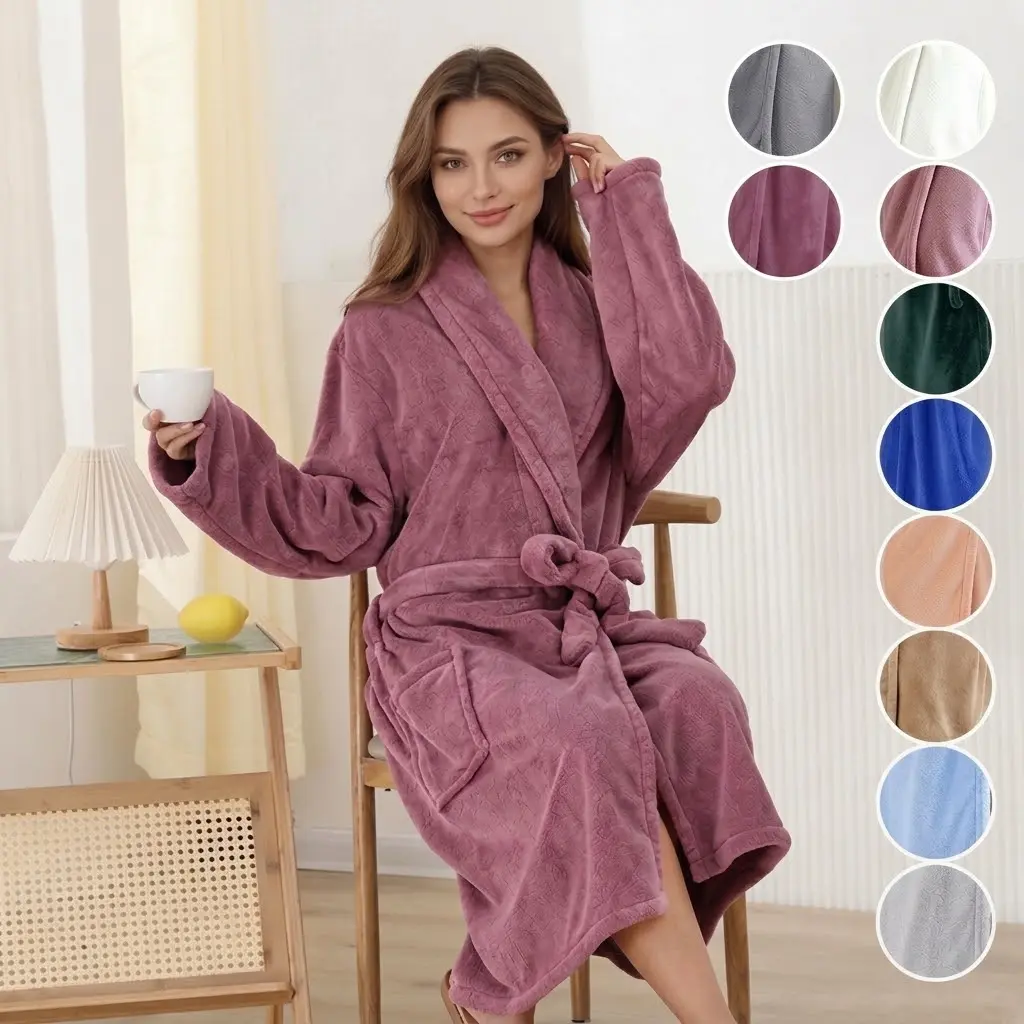 Absorbent Coral Fleece Bath Robe for Men Women, Soft Plush Long Bathrobe with Pockets & Tie Belt, Anti Pilling Loungewear for Bathroom, Spa, Hotel, Post Water Sports, Multiple Color Options