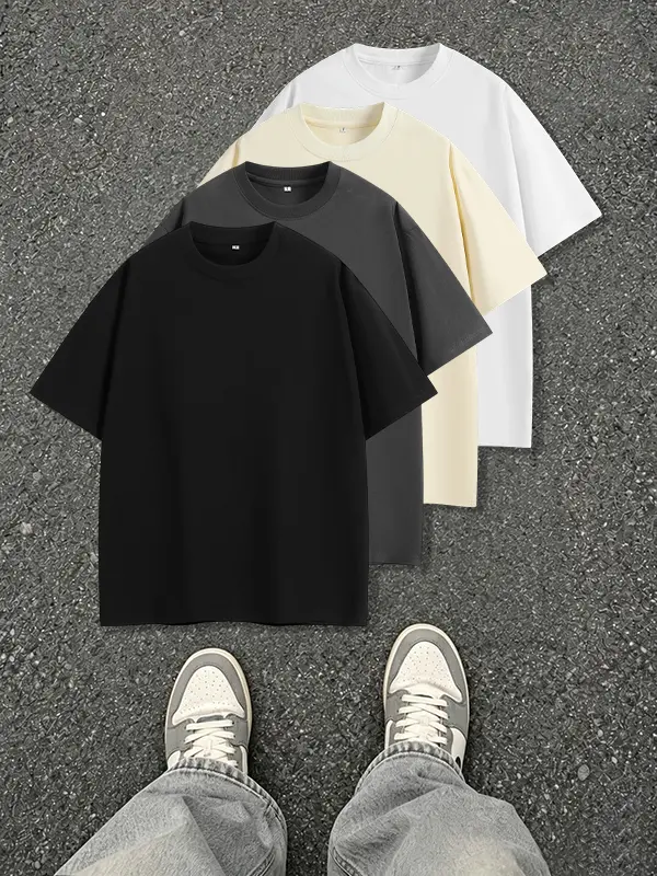 4-pack men’s pure cotton short sleeves for summer, 100% cotton fabric that absorbs sweat and is breathable, resists pilling even after prolonged wear, loose casual fit that’s versatile—ideal for daily commuting, street casual style, and home wear.