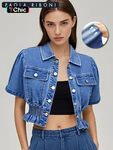 Women's Denim Jacket, Casual Short Sleeve Collared Outerwear for Summer, Fashion Women's Clothes for Daily Wear