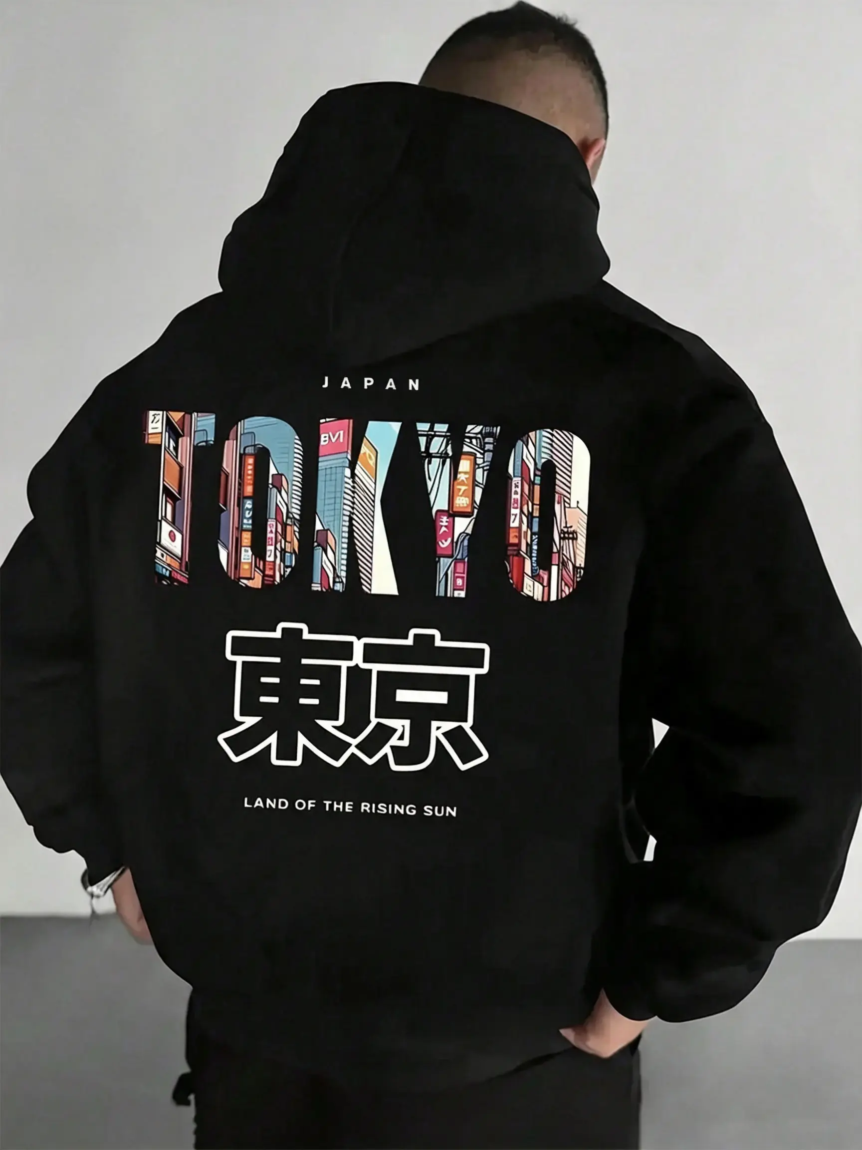 Men’s Tokyo Retro Oversized Pullover Hoodie - Menswear Street Style Sweatshirt with Back Print, Soft Comfortable Long-Sleeve, Couples’ Matching Design for Back-to-School Season (Pairs with Joggers)
