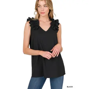 ZENANA Woven Wool Dobby Ruffle Trim Sleeveless Top