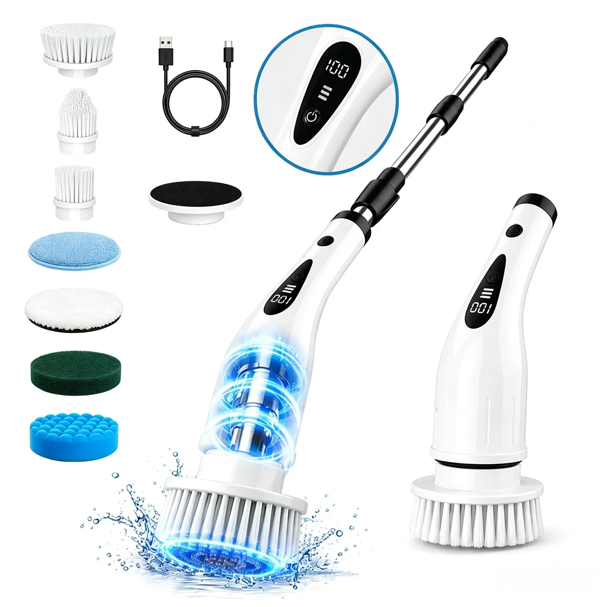 2026 Upgraded Cordless Multifunctional Electric Spin Scrub with LCD Display,8 Replaceable Brush Heads,3-Speed Settings,Extendable Handle and IPX7 Waterproof Design for Bathroom,Kitchen,Tub&Tile,DealsForYouDays