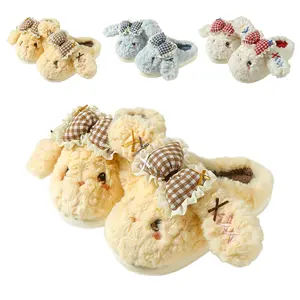 Women's Cartoon Slippers with Plush Bunny Design and Bow Accent for Cozy Indoor Wear