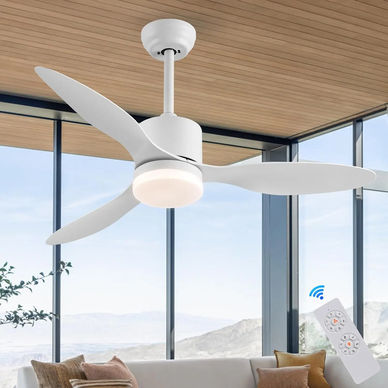 AHAWILL 42'' Ceiling Fans with Lights and Remote,Outdoor Ceiling Fan with LED Light,6 Speed,Retractable,High cfm,3 Blades Ceiling Fans for Patio,Bedroom,Living Room,Indoor. (Bright White)