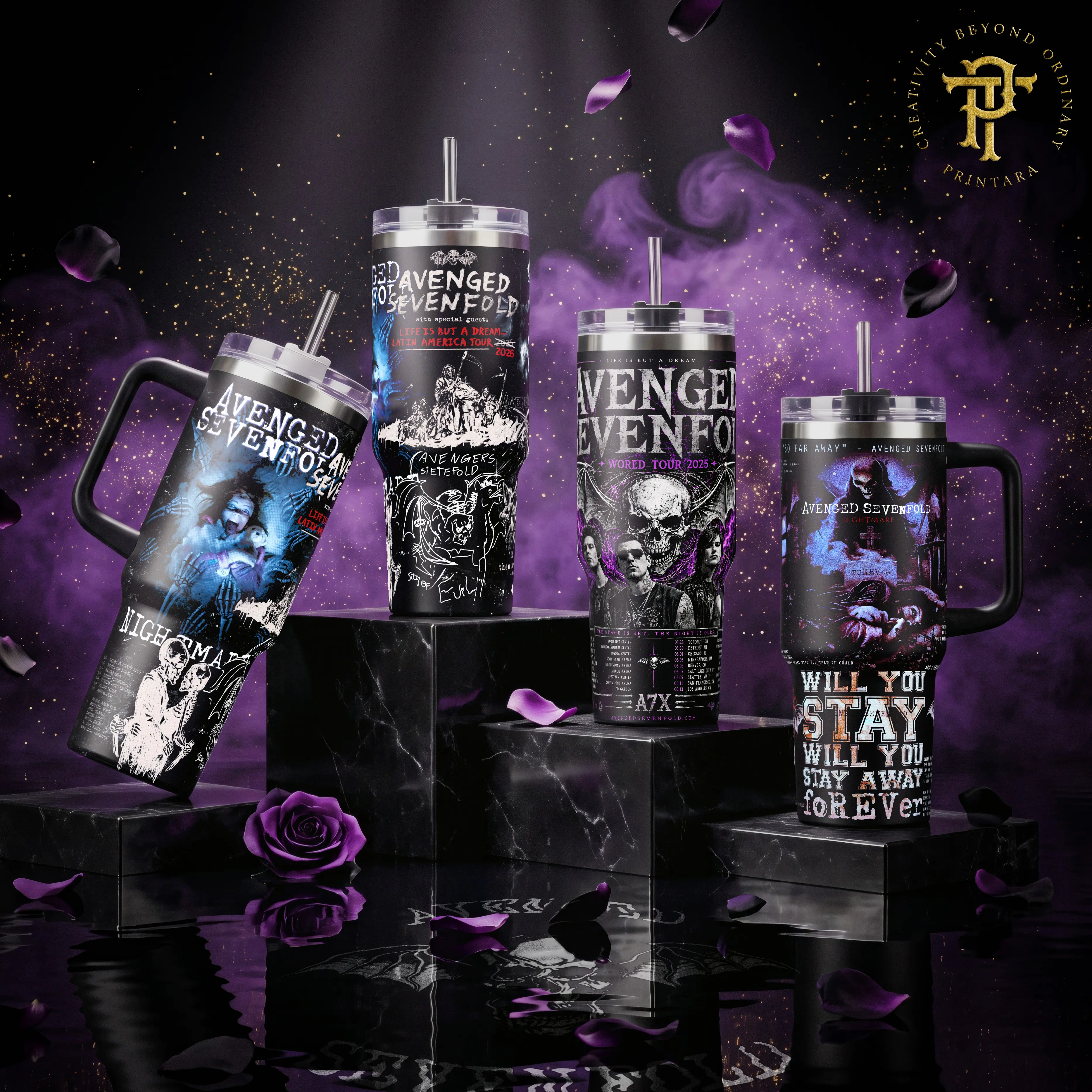 Avenged Sevenfold - Nightmare Life But A Dream So Far Away World Tour A7X 40oz 20 oz Tumbler Stainless Steel Vacuum Insulated Rock Band Merch Aesthetic Design Gift for Music and Rock Fans