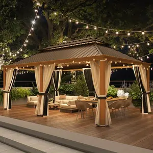 12' x 20' Hardtop Gazebo Faux Wood Grain Metal Gazebo with Aluminum Frame, Galvanized Steel Double Roof, Outdoor Patio Gazebo Pergolas with Netting and Curtains for Backyard, Patio, Lawns