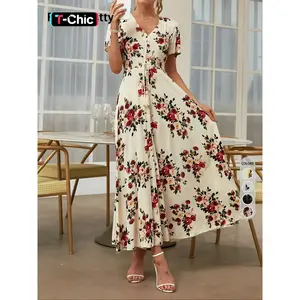 Women’s printed button-front dress, bohemian French short-sleeved dress, summer beach vacation women’s dress GARMENTARY