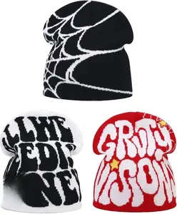 3 Pieces Y2K Beanie Spider Web Beanie Gothic Graphic Beanies Outdoor Winter Warm Knitted Hat for Men Women