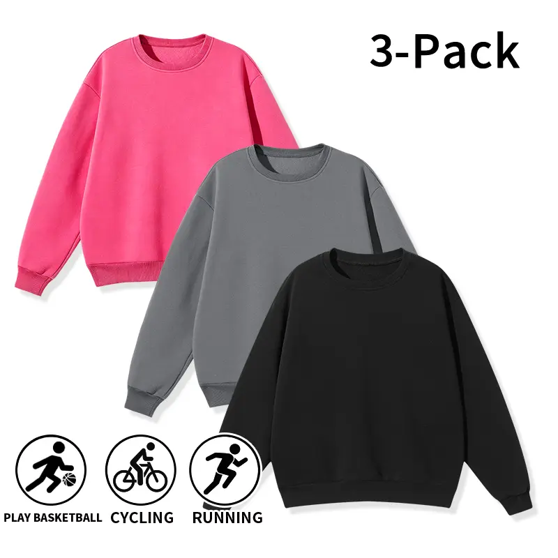 3-Pack Men’s Solid Crew Neck Sweatshirts — Oversized Soft Fleece Pullovers, Breathable & Stretchable Athletic Tops for Basketball, Cycling, Running; Casual Streetwear for Fall/Winter