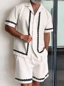 Men's White 2-Piece Casual Set, Menswear, Suits, Short-Sleeve Button-Down Shirt (with Black Chain-Pattern Trim on Placket & Cuffs) + Matching Drawstring Shorts (with Coordinating Chain Trim), Lightweight Breathable Fabric, for Summer, Café Hangouts