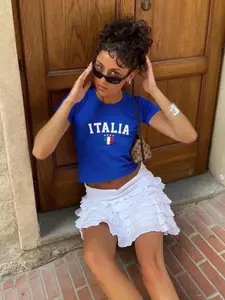 Women's Letter Graphic Round Neck Crop Tee, Casual Cute Summer Tees, Baby Tees Y2K, Short Sleeve T-shirt, Womenswear T Shirts for Women, Ladies Vintage Graphic Tees Summer Clothes for Daily Holiday Vacation Outdoor Wear Downtown Girl Clothes