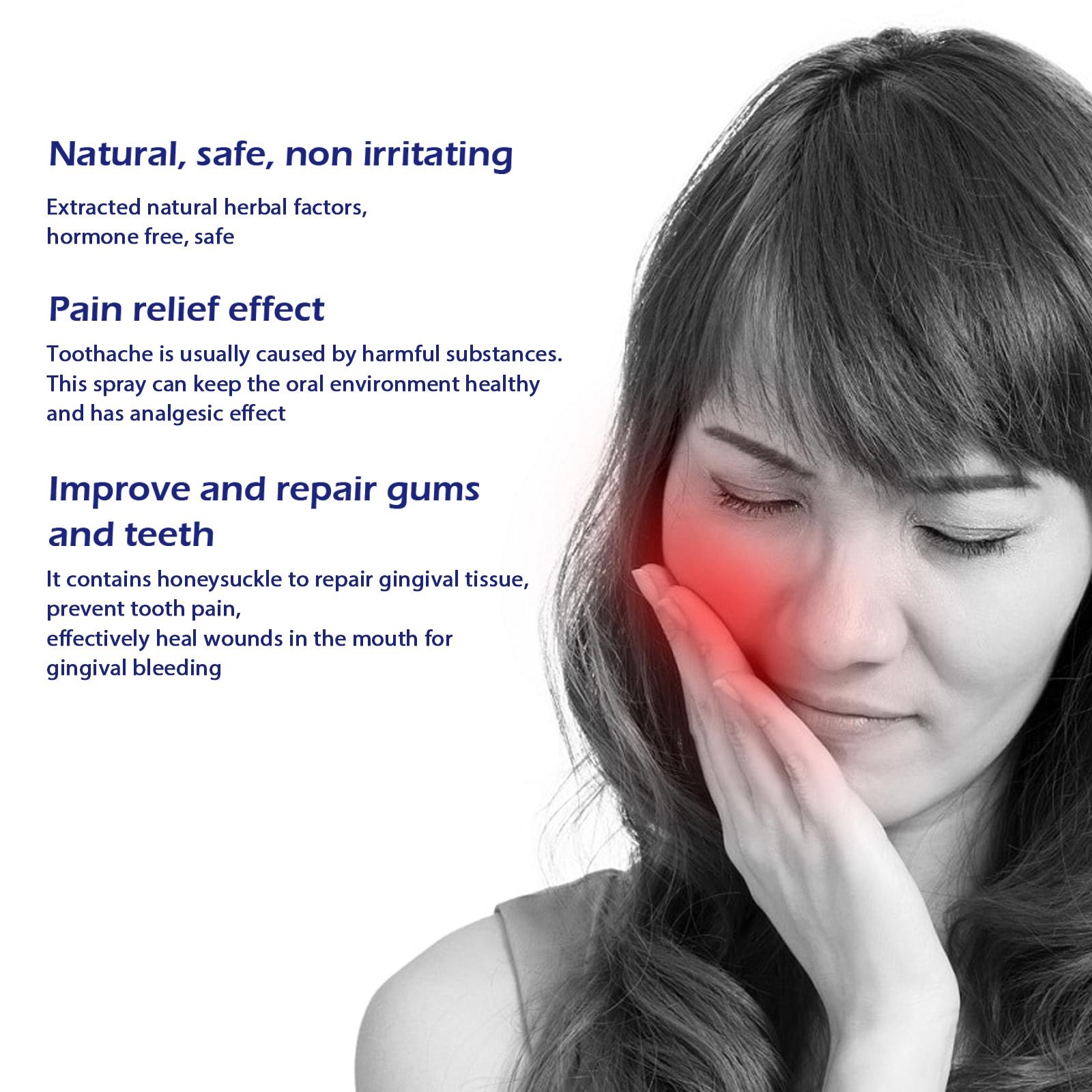 Adult toothache relief spray (oral spray); targets toothache and nerve areas to rapidly numb the affected site, alleviating pain caused by wisdom teeth and inflamed, swollen gums.