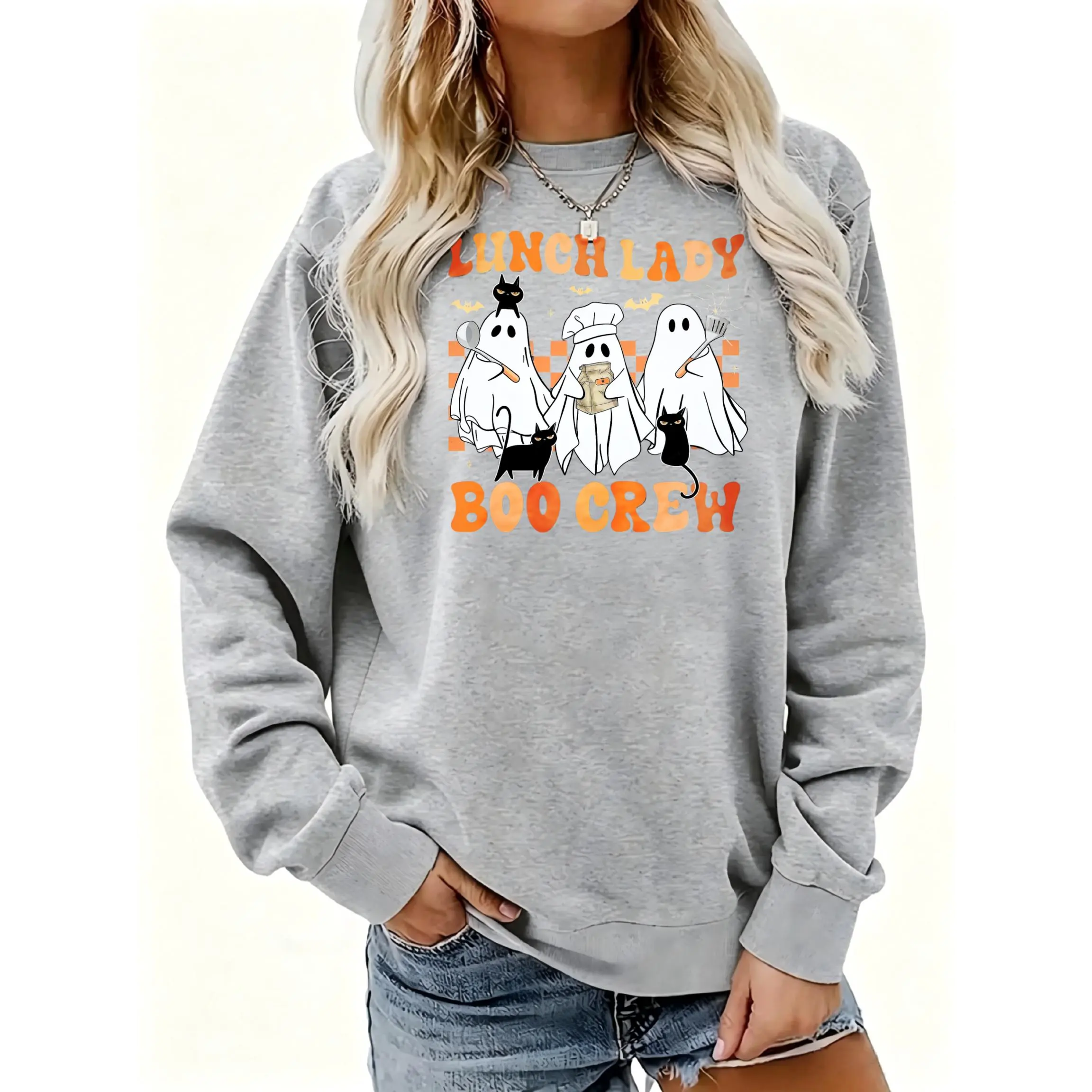Women's Lunch Lady Boo Crew Ghosts Crewneck Sweatshirt | Soft Stretchy Long Sleeve Pullover | Cozy Fall Layering Essential For Casual Daily, Office & Streetwear Looks