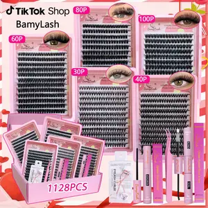 BamyLash 5 Styles Lash Clusters Kit 1128pcs Eyelash Extensions 8-16mm 30D+40D+60D+80D+100D Natural/Wispy/Volume with Lash Bond and Seal, Eyelash Glue, Lash Remover Eyelash Curler and  Lash Tweezers DIY at Home Easily for Beginners Eye Makeup Cosmetic