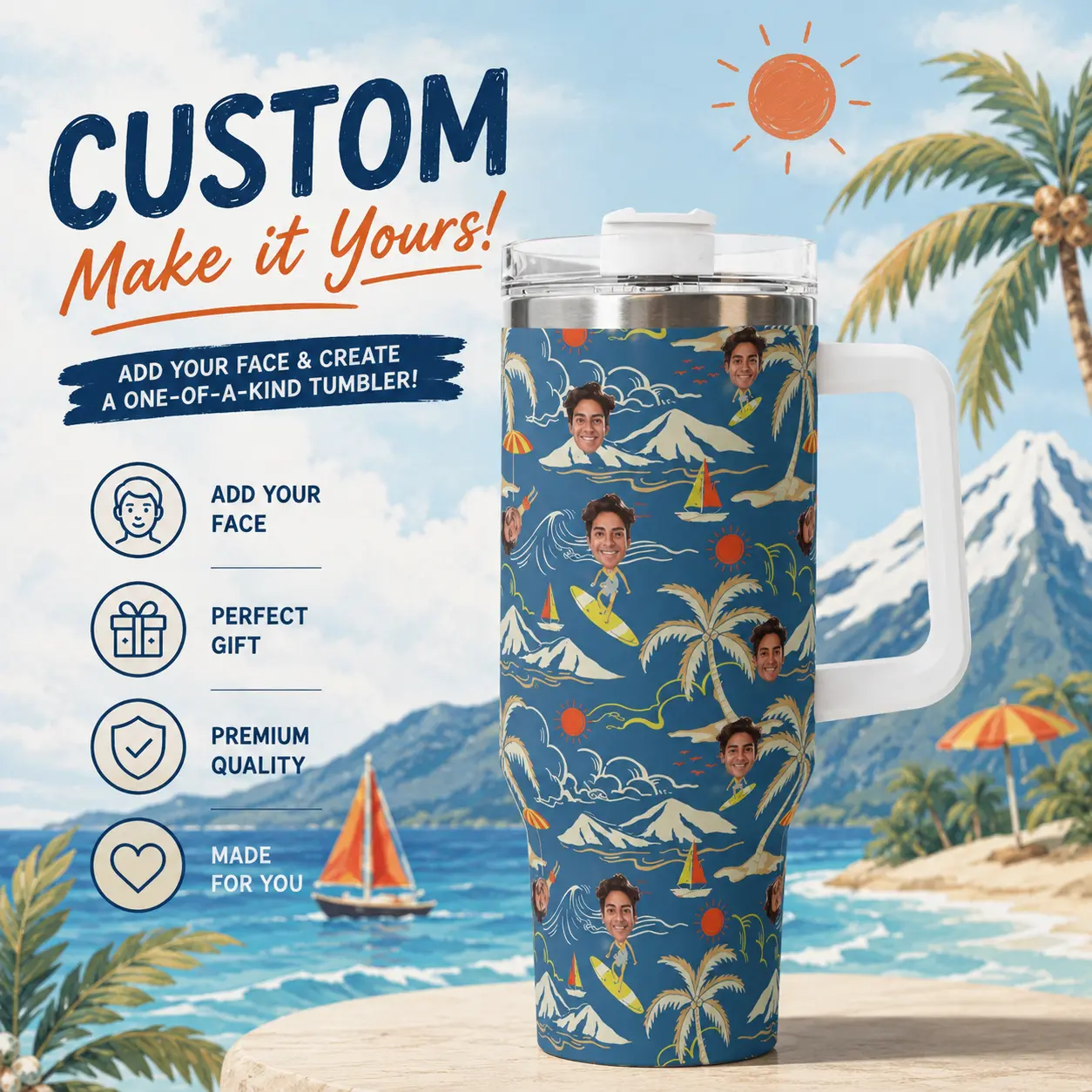 40oz Personalized Face Tumbler - Style 1, Insulated Stainless Steel Travel Cup with Handle and Straw, Custom Photo Hawaiian Tropical Drinkware, Funny Beach Vacation Gift for Men