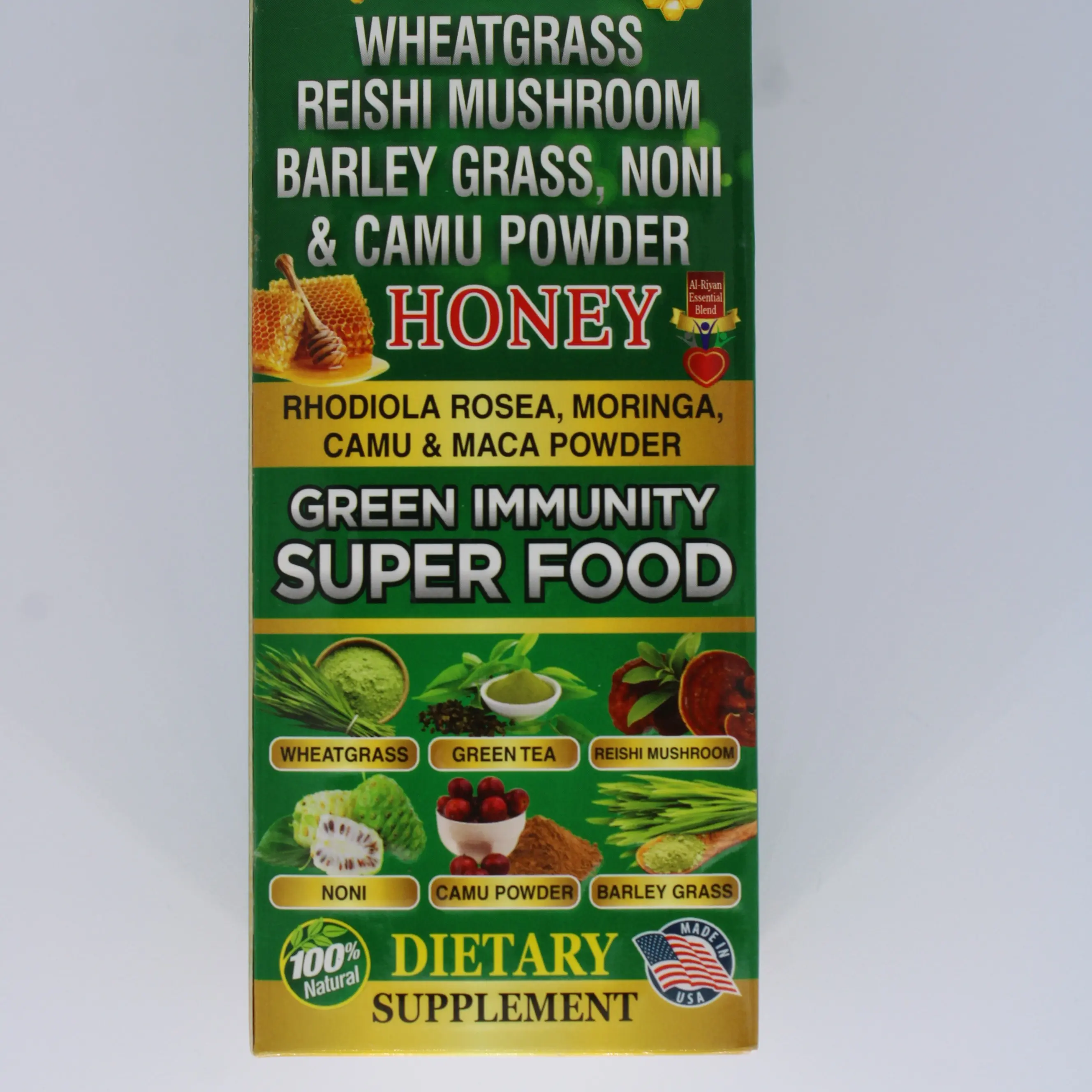 Green Immunity Super Food Honey - Wheatgrass Reishi Mushroom Barley Grass Noni Camu Powder - Potent Herbal Blend for Men & Women - 25 Servings - Dietary Supplement