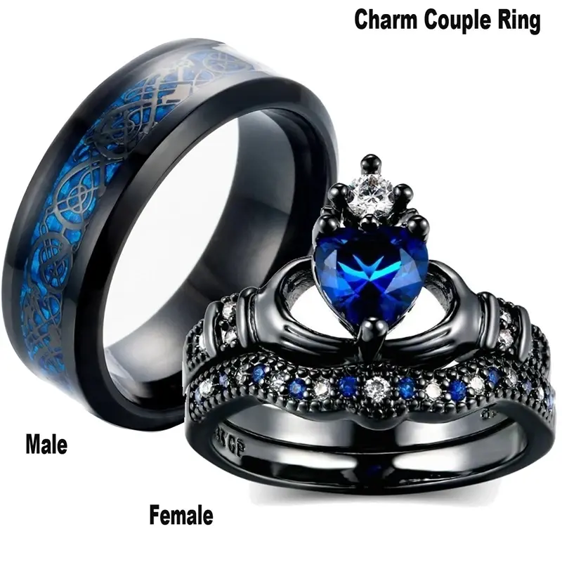 Fashion Couple Ring Blue Zircon Men Stainless Steel Ring Women Wedding Band Bridal Jewelry Valentine Day Gift