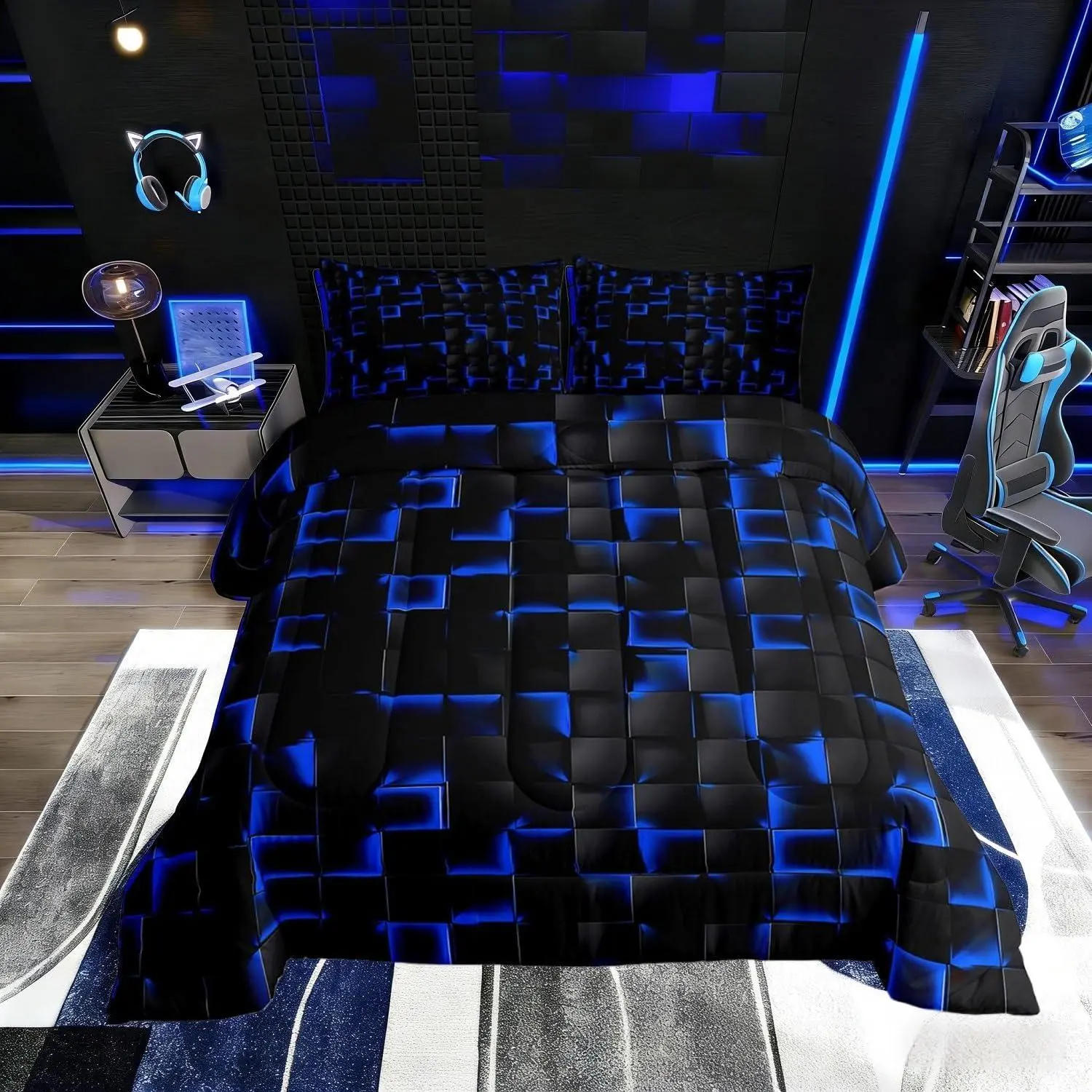 Neon Black Blue Boys Comforter Set,Geometric Checkered Kids Bedding Set,Teen Men Gaming Room Decor,Abstract Ombre Plaid Comforter Grids Quilt Duvet