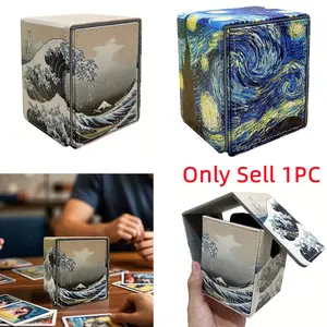 1Pc Artistic Magnetic Trading Cards Box Storage Case Holder - Starry Night & The Great Wave Design, Organizer for PTCG MTG Sports Baseball Basketball Football Cards Games Cartoon Cards - Perfect Gift for Gamers Cards Collector Trade Card Box