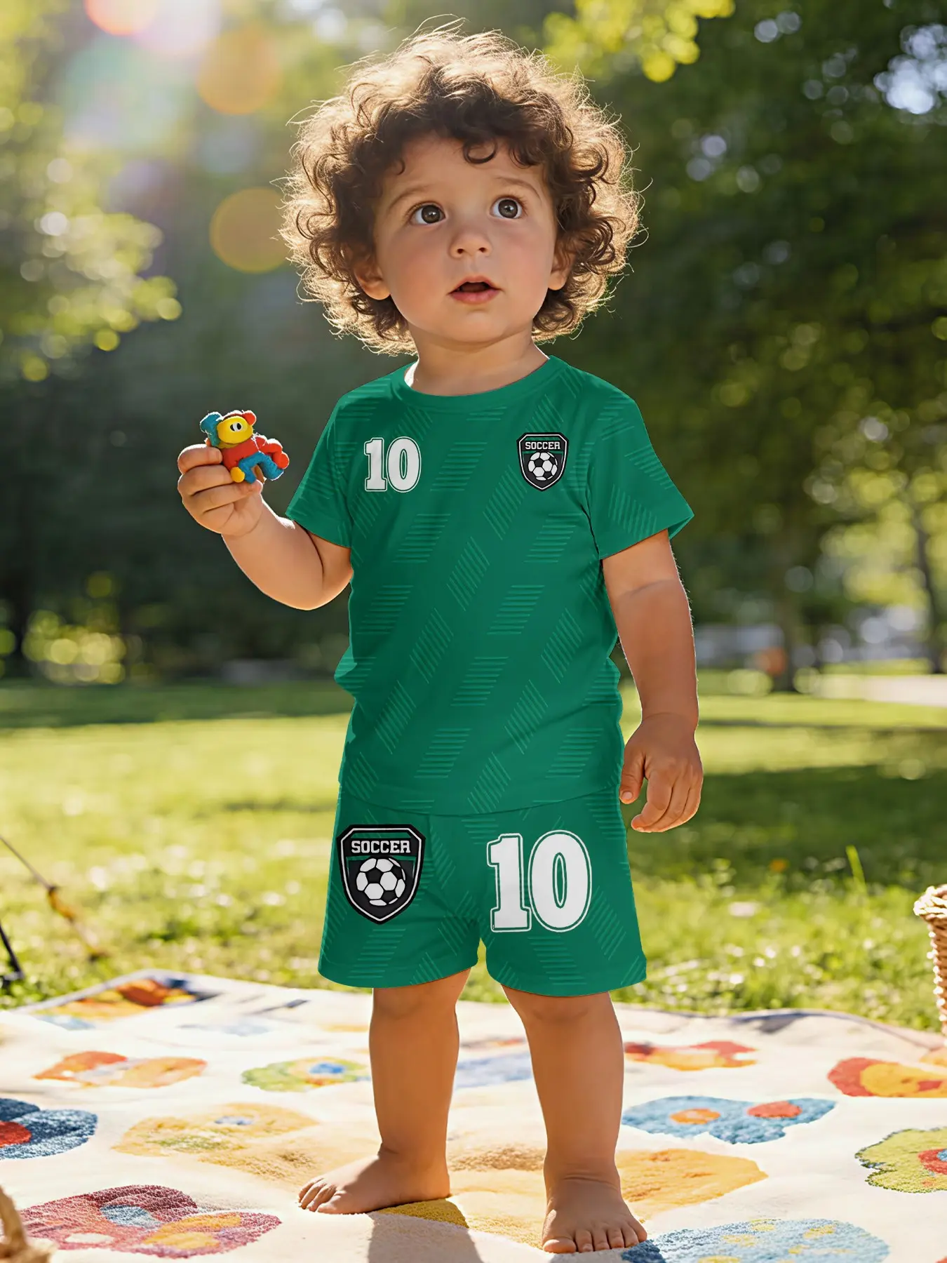 Green vibrant sports-style football No.10 printed infant short-sleeve set, baby casual children's clothing, suitable for daily and outdoor sports T-shirts, 100% polyester, a perfect gift for infants, Clothes Kids, Clothing Sets, Athletic!
