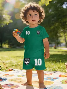 Green vibrant sports-style football No.10 printed infant short-sleeve set, baby casual children's clothing, suitable for daily and outdoor sports T-shirts, 100% polyester, a perfect gift for infants, Clothes Kids, Clothing Sets, Athletic!
