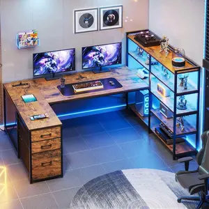 SIKAIC 64.5" Reversible L Shaped Gaming Desk with Storage Shelves, U Shaped Computer Desk with Drawers, Power Outlet & LED Strip for Home Office