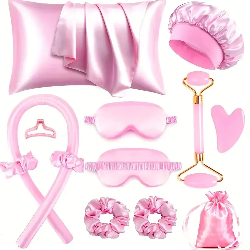 13PCS Heatless Silk Curler Styling Kit, No-Heat Hair Curling Set with Sleeping Mask and Shower Cap for Women and Girls, Soft and Comfortable Beauty Kit for Travel and Home Use, Gentle Overnight Hair Styling Tools for Natural Waves and Daily Hair Care