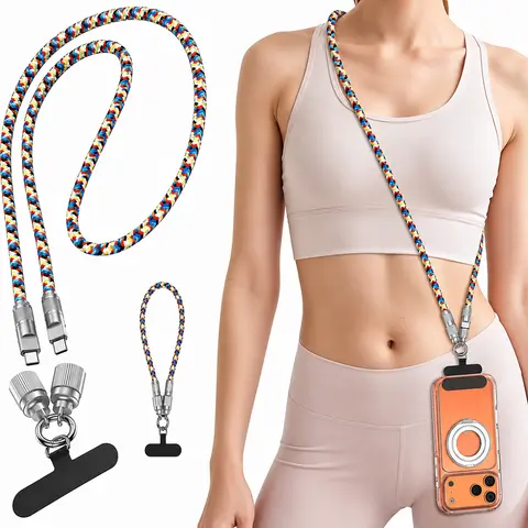 2-in-1 Lanyard USB Fast Charging Cable - 7mm Nylon Braided Mobile Accessory for Crossbody/Wrist Strap, Compatible with Cellphone & Android Devices