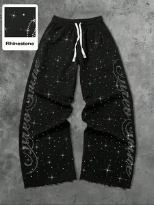 New Trendy Cross Rhinestone Loose Sweatpants, Slant Pocket Design, Comfortable Elastic Waist, Fashion Casual Wear, Unisex