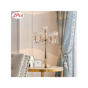 2Pcs 5 Arm Gold Candelabra Centerpieces With Crystal For Wedding Tables, Metal Candlestick Candle Holders For Party Dinner Formal Event Decoration