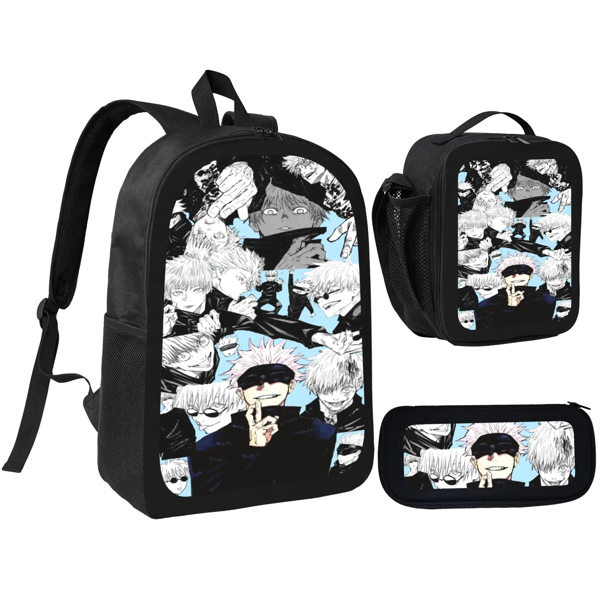 Anime-Themed 3pcs Jujutsu Kaisen Men's Bag Set - Polyester Fabric School Backpack, Pencil Bag, Insulated Meal Storage Lunch Box - Lightweight, Durable for Daily School, Outdoor Trips, Customized Gifts, Insulated Lunch Bag