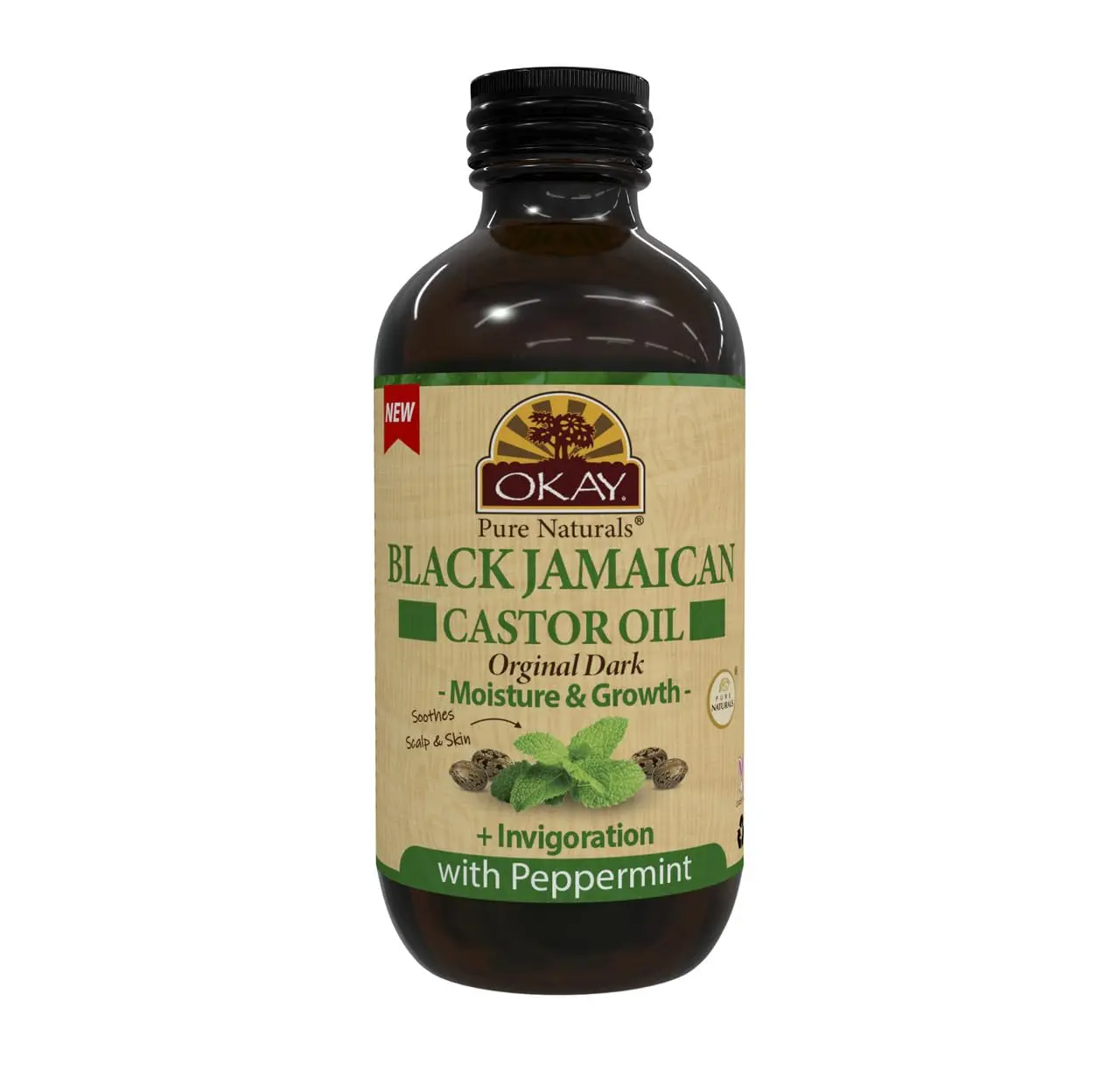 Okay Pure Naturals Black Jamaican Castor Oil - Castor Oil for Hair Growth, Moisture for Skin, Face, Scalp, Eyelashes, Eyebrows - Hair Oil for Men & Women - Peppermint, 4 oz Glass Bottle