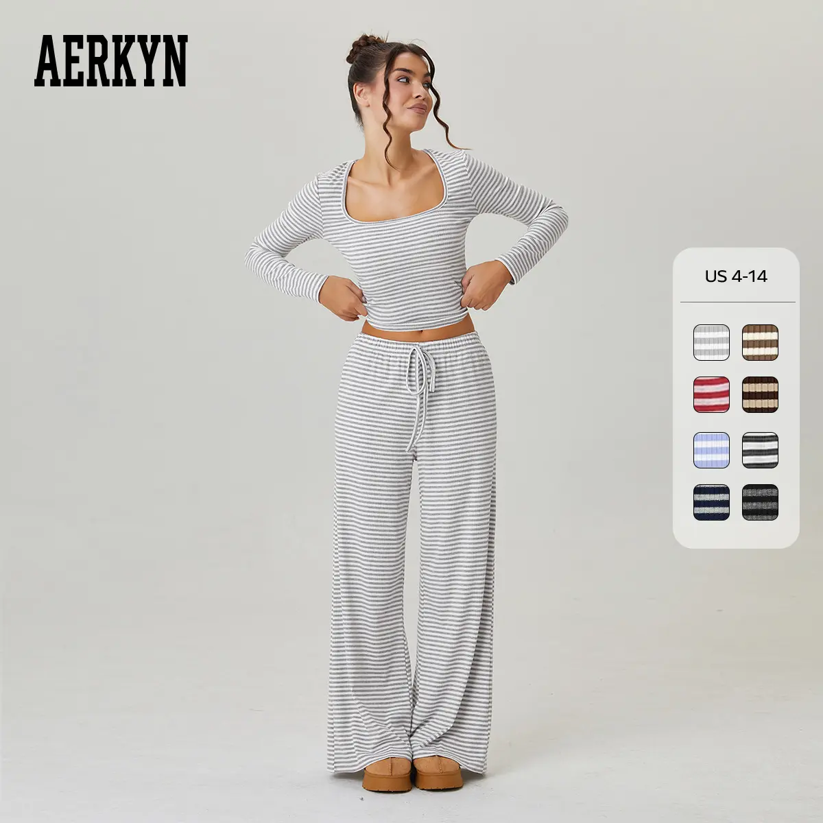Women's Leisure Square Neck Stripe Long Sleeve Crop Top & Low-Rise Wide Leg Trousers Co-ord, Lady Two Piece Outfits, Casual Going Out Set (CN)