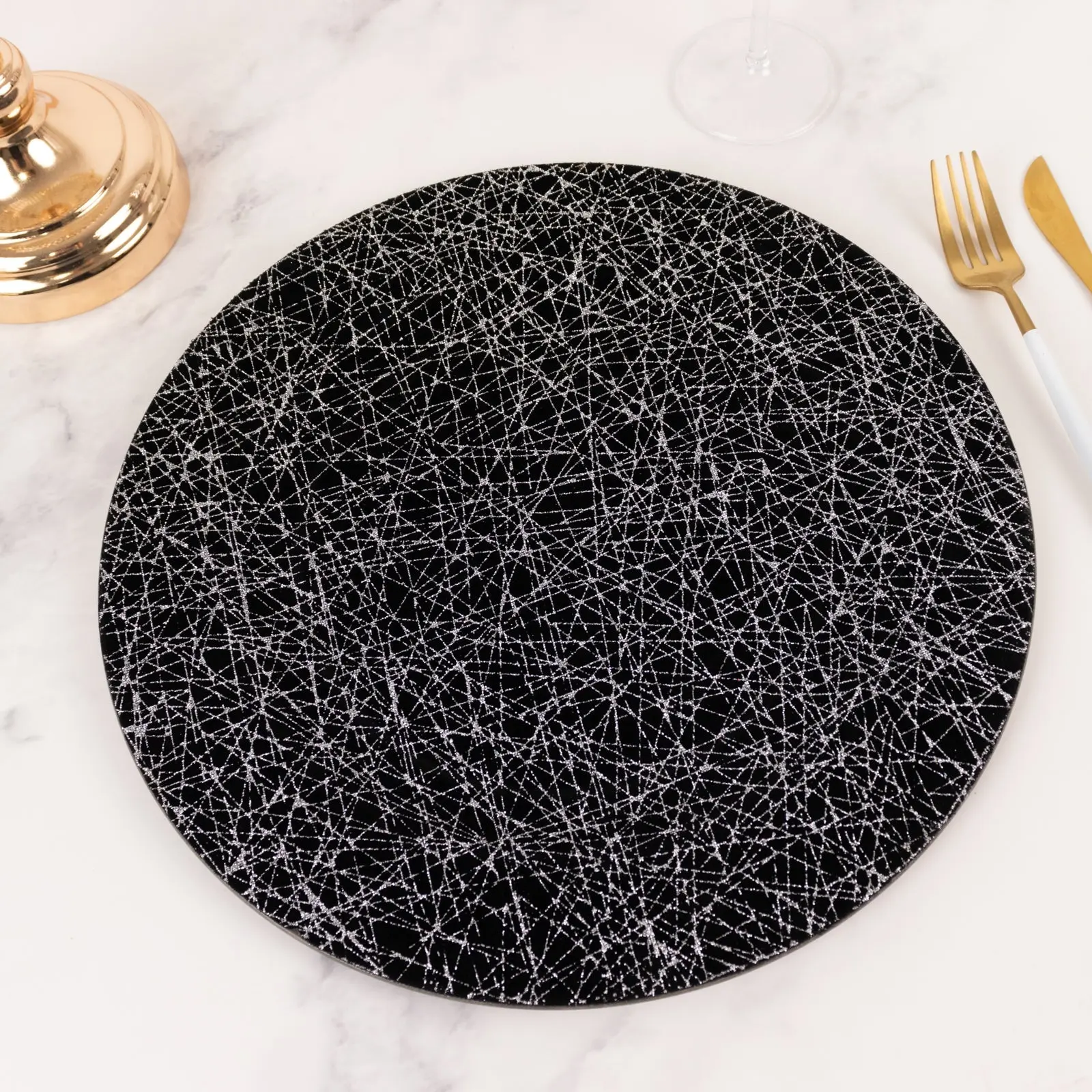 6-Pack Acrylic Charger Plates 13" Round Black with Glitter Silver Abstract Lines Pattern - Decorative Dinner Party Charger Tableware, Abstract Art, Six Pack Charger