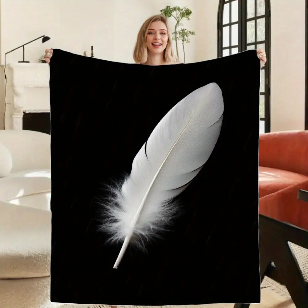 1 Piece Luxury Flannel Blanket - Ultra Soft Heavy Shawl, Elegant White Feather & Raindrop Print, High-Quality All-Season Vintage Bedding, Suitable for Bedroom & Living Room, Multiple Sizes, Exquisite Home Decor, Feather And Raindrop