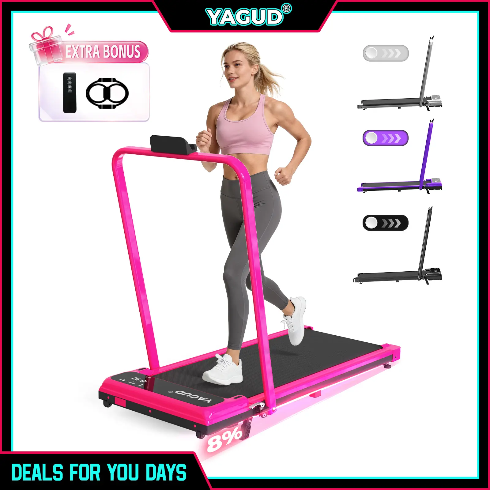 【Live Exclusive】YAGUD Handrail Walking Treadmill – Quiet Home Running Machine with Dual Shock Absorption, 330 lbs Weight Capacity Wide Belt & Compact Design for Easy Mobility SpringStatements