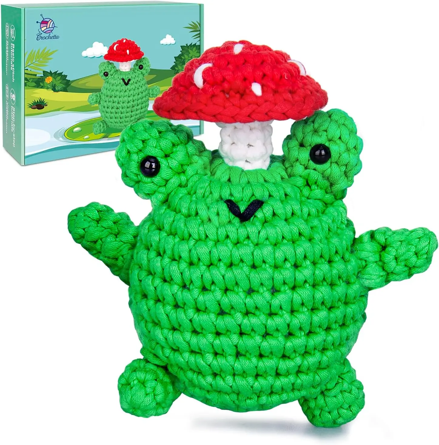 CROCHETTA Beginner Adult Crochet Kit - Chunky 40% Extra Yarn, Step-by-Step Video Guides, Mushroom Frog Animal Design, Gift Box, DIY Handmade Craft, Birthdays, Beginners, DIY Classes, Handmade Crafts