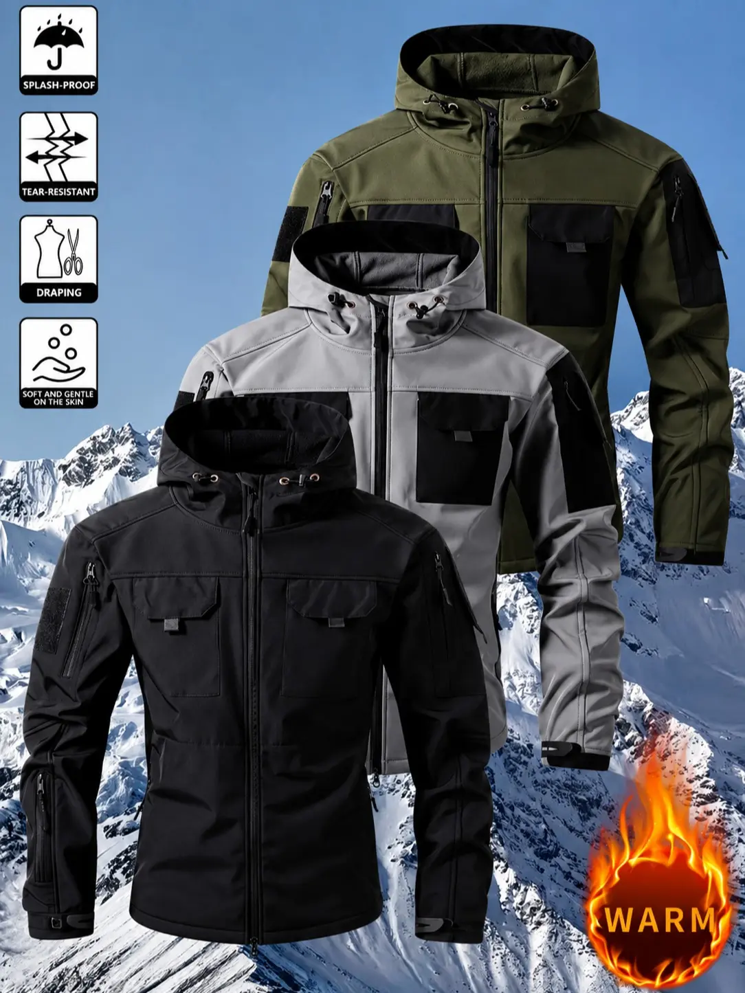 Men’s tactical jacket, outdoor zip-up outerwear, casual athletic top, hooded design with adjustable drawstring, windproof, scratch-resistant, warm hooded jacket suitable for hunting and outdoor activities, multifunctional chest pockets.