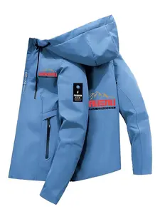 Unisex Functional Hooded Jacket, Letter Print Fashion Zip Pocket, Casual Sporty Hood Design, Spring & Fall Polyester, Couple Jacket