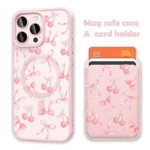 Magnetic Shockproof Cherry Bow Phone Case with Clear White Card Holder Wallet, MagSafe-Compatible Wireless Smartphone Accessory for iPhone 17/16 Pro Max, Cellphone Handheld Cover for Samsung S25 Black