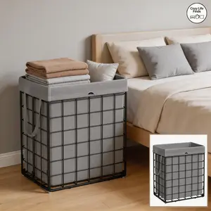 Laundry Hamper, 23.8 Gal.(90L) Laundry Basket, Collapsible Clothes Hamper, Removable and Washable Liner, Metal Wire Frame, for Bedroom Bathroom, Black and Gray
