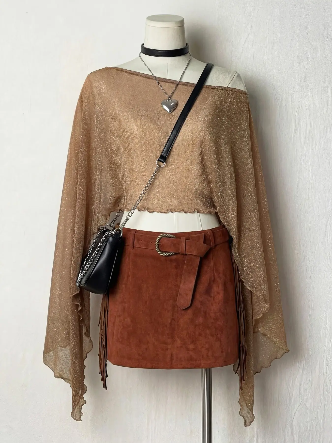 Women's Asymmetrical Shoulder Sequined Chiffon Fabric Top, Irregular Flowy Cape Sleeves Short Blouse, Elegant Casual Fashion Womenswear, Elegance