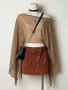 Women's Asymmetrical Shoulder Sequined Chiffon Top, Irregular Flowy Cape Sleeves Short Blouse, Elegant Casual Fashion Womenswear