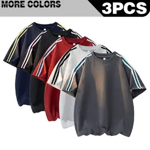 [ Summer Atmosphere ] Men's Summer Parallel Bars Color Comparison Retro Jumping Shoulder Sleeve T-shirt Loose, Casual, Soft, Skin friendly, Fashionable, ersatile, Trendy Men's Short Sleeve T-shirt 3PCS Value Combination