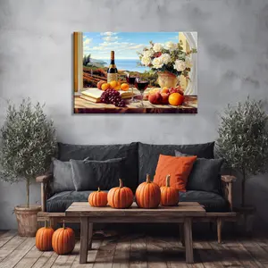 Vineyard & Sea View Still Life Canvas: Elevate Your Space with Wine, Fruits & Coastal Charm