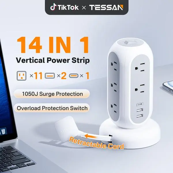 SummerGarden Tessan retractable extension cord power strip,1625W Surge Protector , Cord Management,Home, Office ,Dorm,Kitchen Essentials,11 Outlets & 3 USB Ports