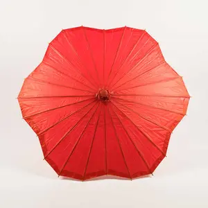 32" Red Paper Parasol Umbrella, Scallop Blossom Shaped with Elegant Handle