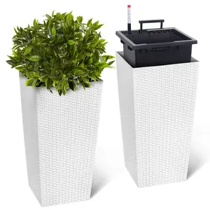 White 2-pack tall wicker planters, thickened large planting pots suitable for both indoor and outdoor use, with drainage holes and a removable inner liner, perfect for modern décor styles in patios, porches, gardens, or backyards. self-watering