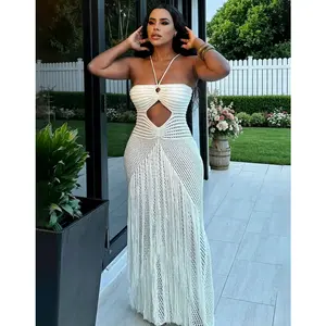 Women’s Crochet Knit Maxi Dress with Fringe Sexy see through Halter Backless Boho Style Beach Party Vacation Summer Outfit Resort Wear